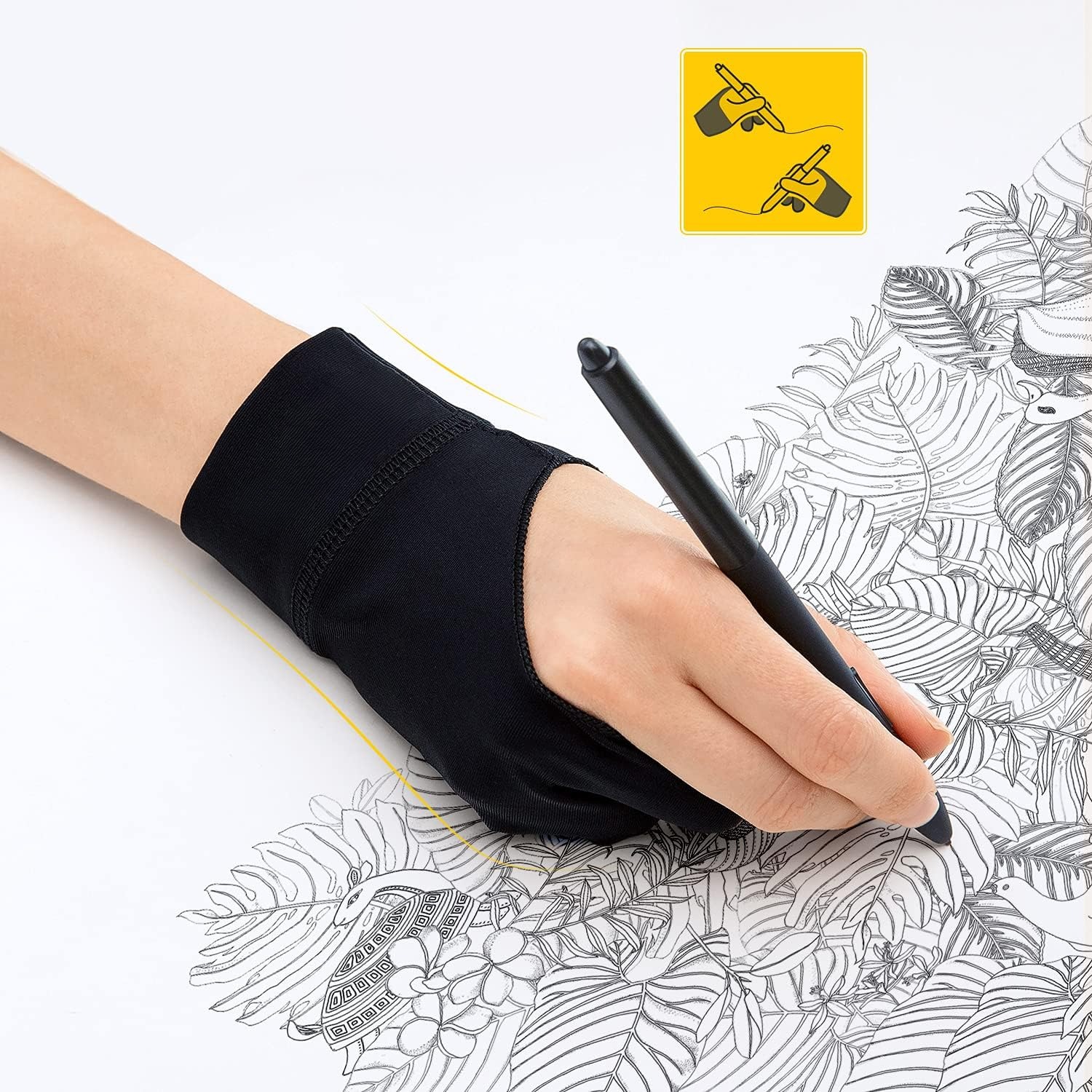 Guantes táctiles de 2 dedos para iPad/tableta de dibujo - Guante de arte digital con fibra de nailon lisa |   Previene las manchas en la pantalla y el papel