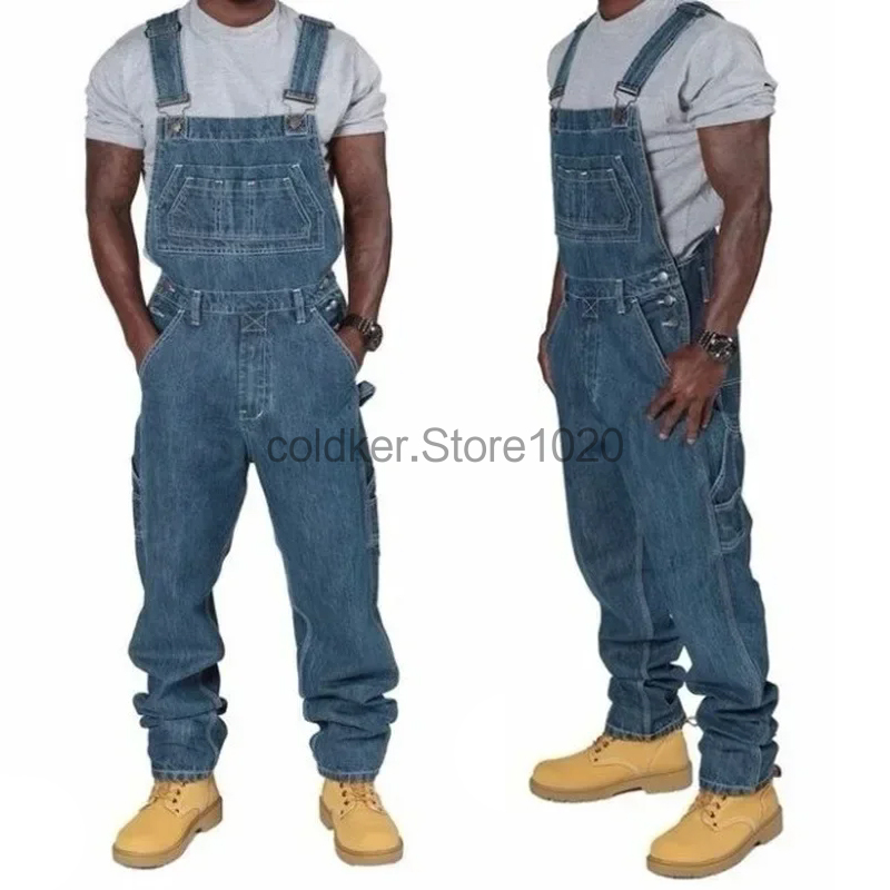 Nuevos monos de mezclilla para hombre, peleles rectos holgados con múltiples bolsillos informales, pantalones vaqueros con tirantes ajustables a la moda para hombre
