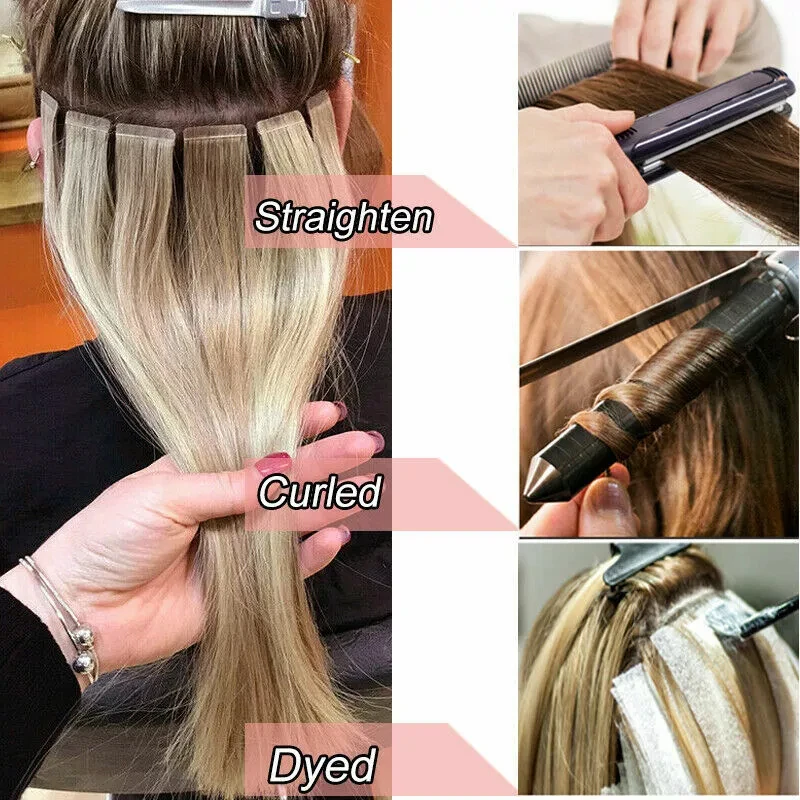 目に見えないヘアエクステンションのシームレスなテープ,本物の人間の髪の毛,金髪のハイライト,16〜26インチ