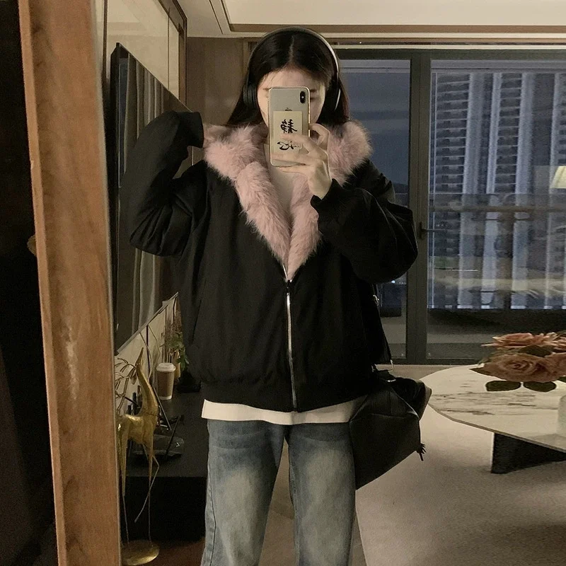 Dupla face casaco de inverno roupas femininas imitação de pele de vison com capuz jaqueta de algodão feminino quente algodão-acolchoado roupas outerwea