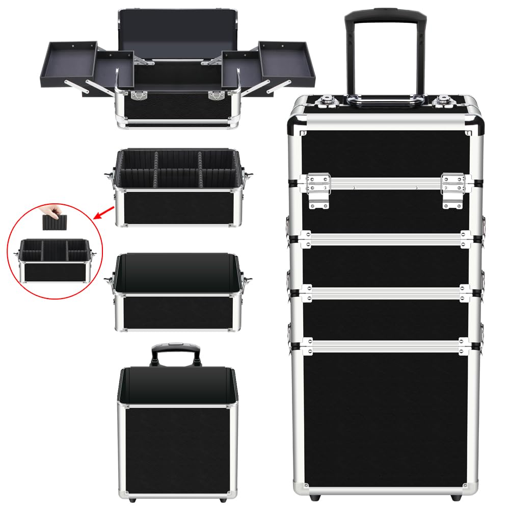 Makeup Rolling Train Case 4-in-1 Professional Artist Trolley Cosmetic Organizer with 2 Wheels Durable Aluminum Frame