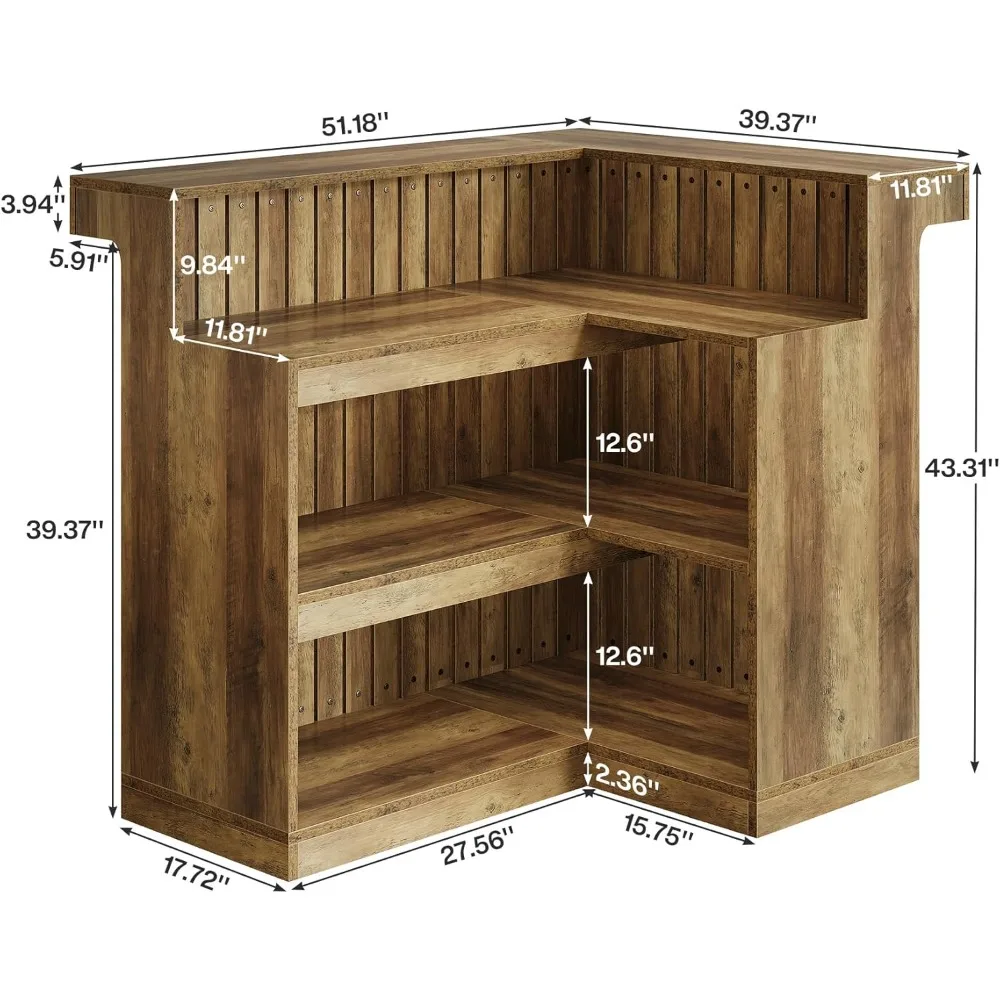 L-Shaped Home Bar Unit, Corner Liquor Bar Table with Storage Shelves and Wine Glasses Holder, Industrial Wine Cabinet