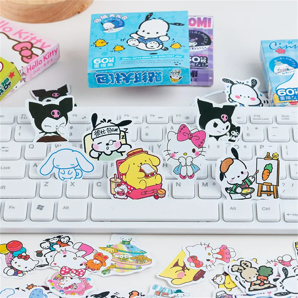 60 pçs olá kitty kuromi cinnamoroll pochacco adesivos para crianças meninas diy portátil telefone diário bonito dos desenhos animados sanrio adesivo