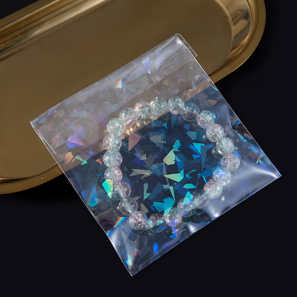 50pcs Holographic Laser Self Adhesive Bag Transparent Laser Fragment Plastic Pouch for Flash Badge Package Bag Card Sleeves