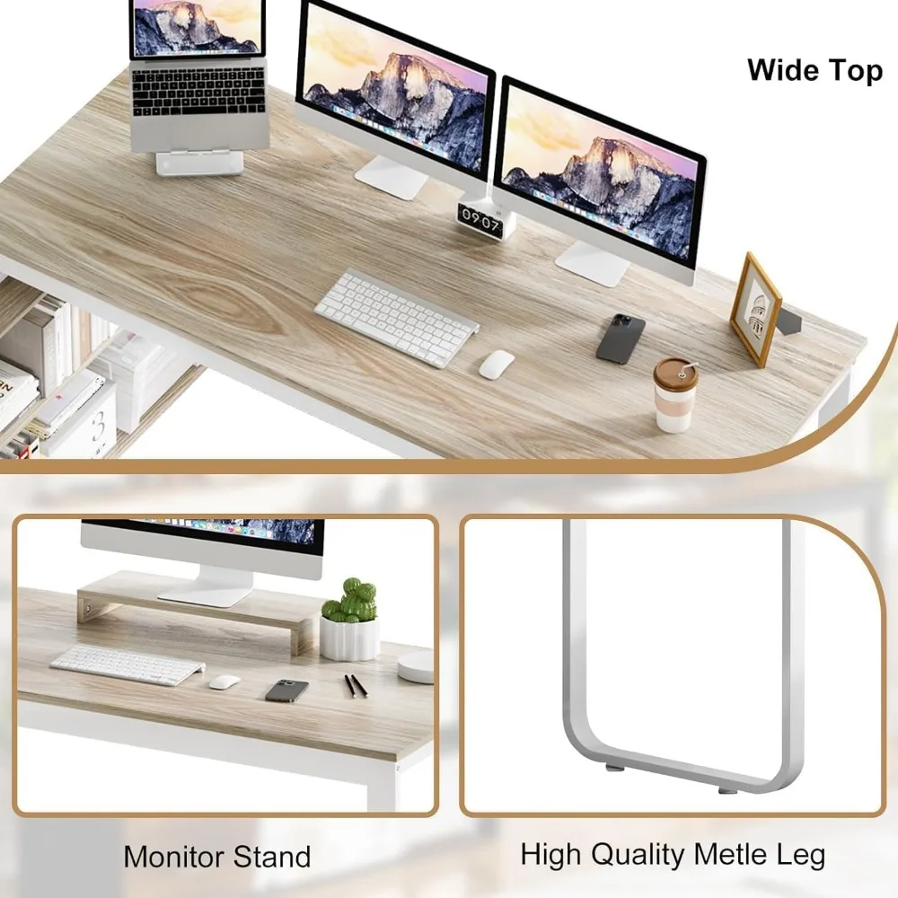 Desk with Drawers, 55 Inch L Shaped Computer Desk with Storage Shelves, Corner Desk with Removable Monitor Stand, Study