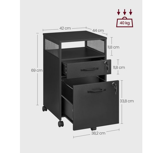 VASAGLE Aktenschrank Rollcontainer, Büroschrank mit Schubladen, rollen