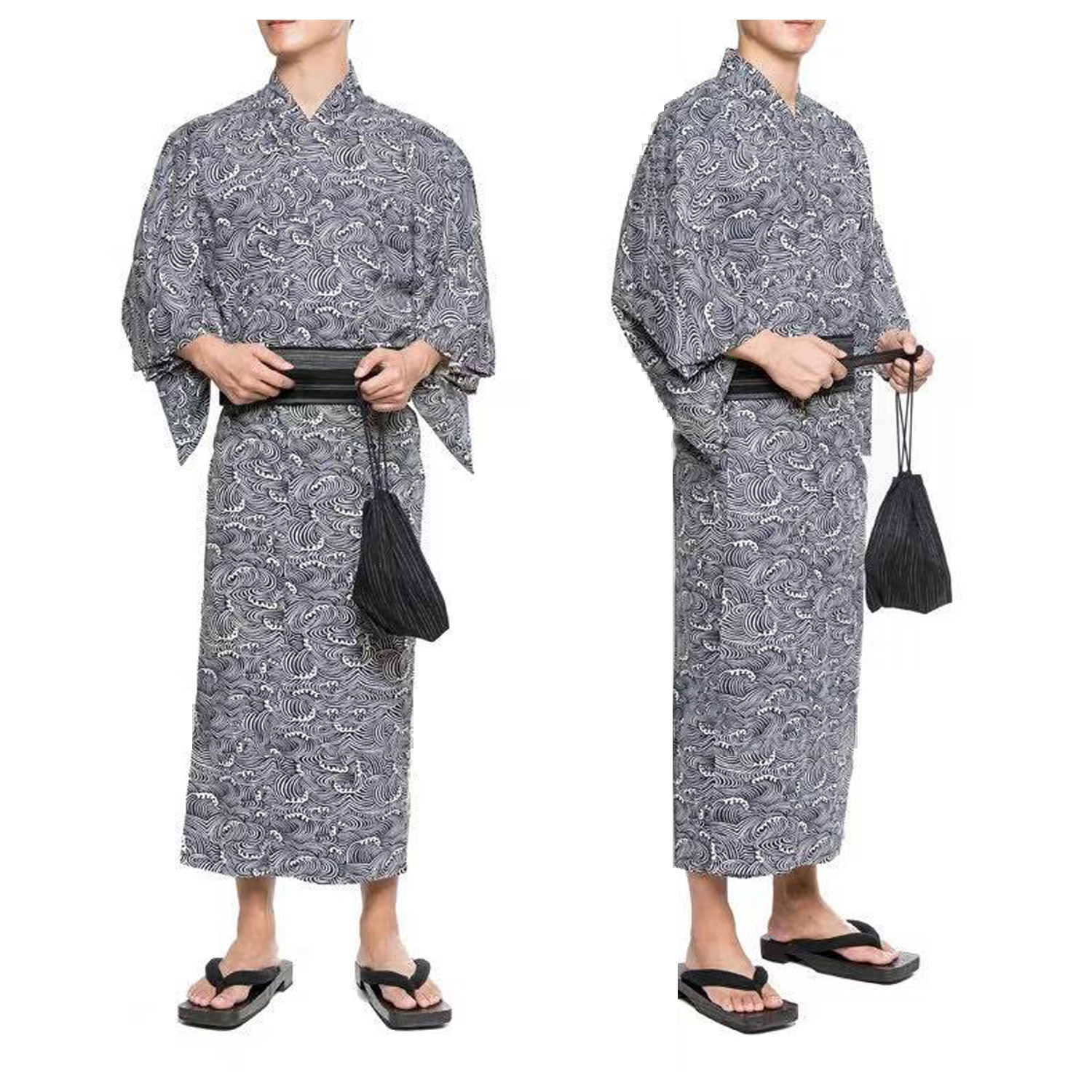 Verano azul marino japonés tradicional Samurai Kimono para hombres Yukata bata de baño Hekoobi estilo suelto ropa de casa cinturón vestido largo de algodón