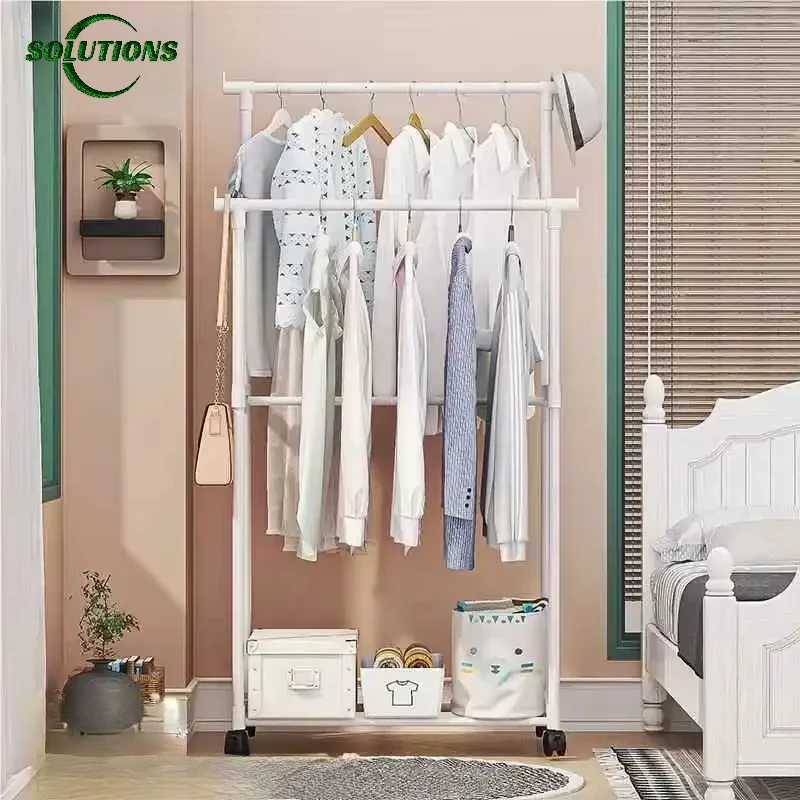 Clothes Rack Floor Standing Double Rod Double-Rod Multifunctional Telescopic Coat Rack With Wheels For Clothes Hats And Shoe