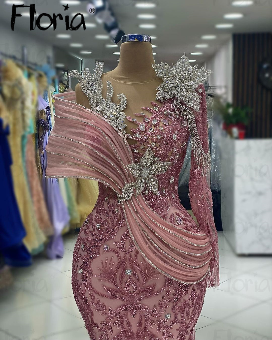 Floria Blush Pink Wedding Party Dress Luxury Ruffles Prom Dresses Long Sleeve Arabic Formal Occasion Dress Customzied Gala Gown