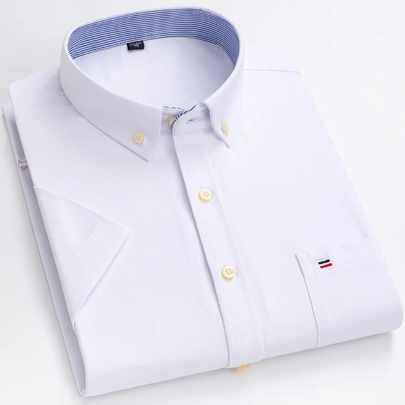 Men's Summer Shirts Oxford Vertical Stripes Short Sleeve Standard-fit Loose Plaid Solid Soft Cotton Man Shirt Plus Size
