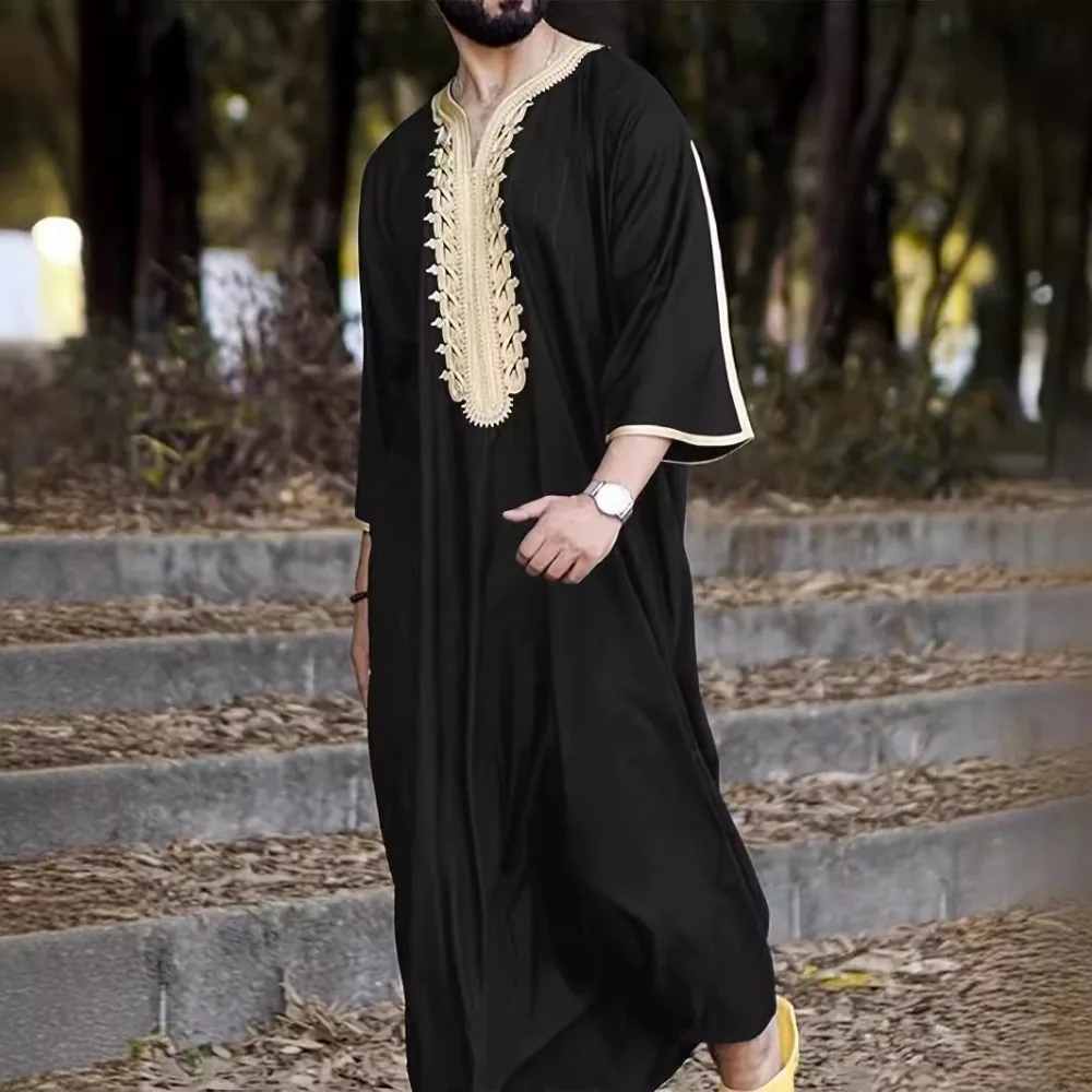 Eid Muslim Men Dress Jubba Thobe Mens Abaya Stand Collar Islamic Eid 2025 Ramadan Long Robe Musulman Caftan Dubai Arab Dresses