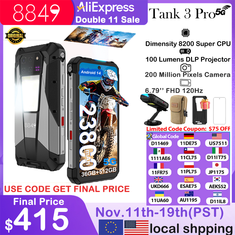 8849 Tank 3 Pro Unihertz proyector resistente Smartphone 23800mAh 5G Android14 teléfono al aire libre 512GB + 36GB 120W carga rápida Dual Sim