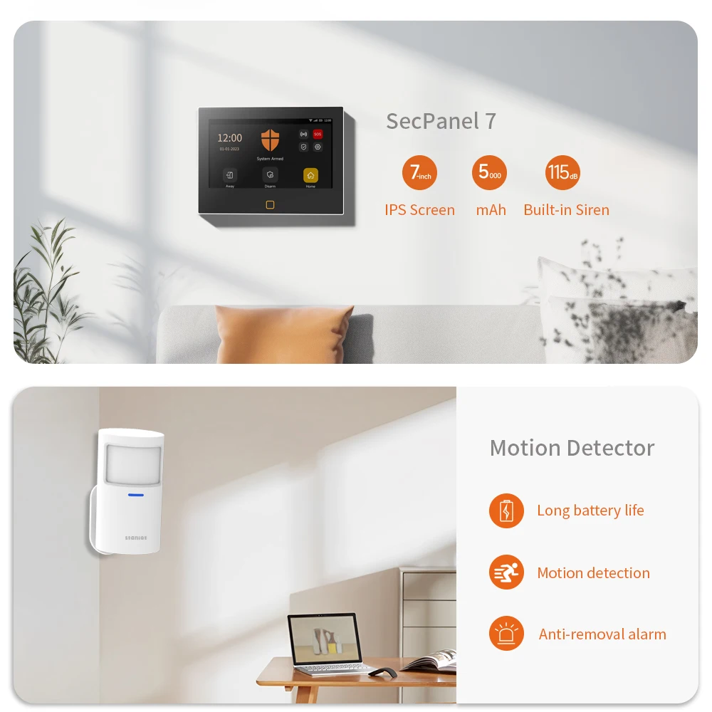 Staniot 7 inch Wireless WiFi 4G Tuya Smart Home Alarm System Support 8 Wired Zone Security HD Panel with 5-Year Entry Sensor