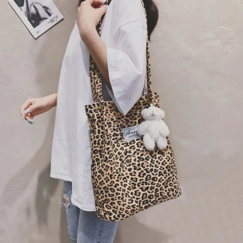 Sacola casual grande chique coreana, bolsa de ombro leopardo para senhoras, nova bolsa de compras, bolsa estampada estudante