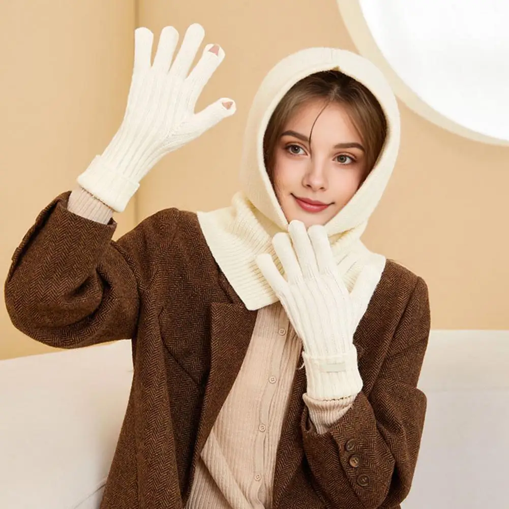 Wollmütze Handschuh Set Lady Sturmhaube Handschuhe Set Damen Wintermütze Handschuhe Set mit integriertem Schal Sturmhaube gestrickt für den Kopf
