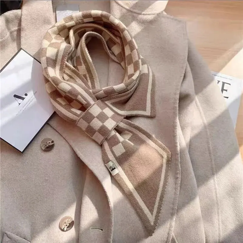 Lenço instantâneo de malha dupla moda xadrez cachecol feminino outono inverno grosso quente ao ar livre pescoço cachecol 110*11cm