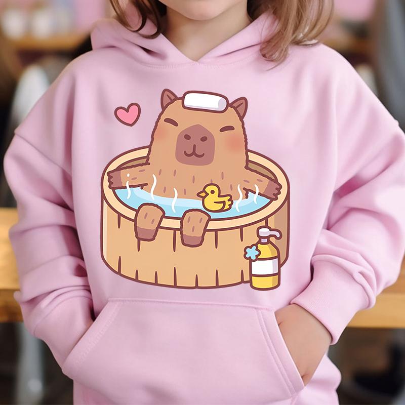 Lindo Capybara Loves Bubble Tea niños Sudadera con capucha rosa más suéter de terciopelo tops de otoño e invierno para niñas