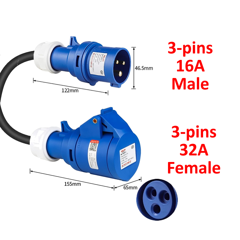 Промышленный адаптер JIGU, синий, 3 контакта, от 32 А, гнездо на 16 А, однофазный, от 7 кВт до 3,5 кВт, для адаптера для зарядки электромобилей