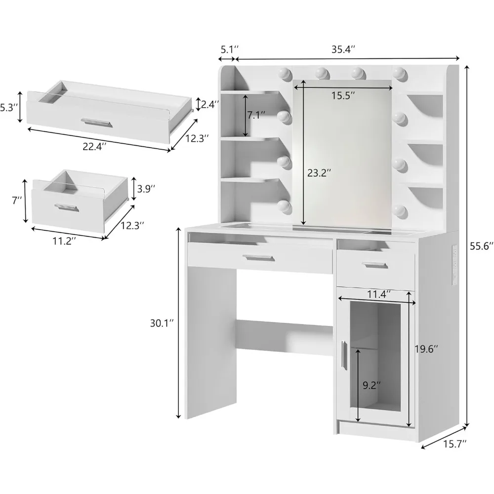 Vanity Desk with Mirror and Lights Makeup Vanity Desk with Lights 3 Colors Transparent Top Vanity with 2 RGB Drawers