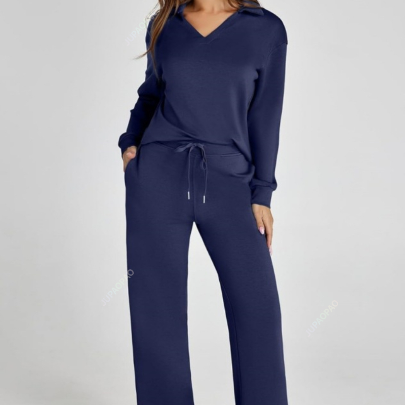 Temperament Damen Lose 2-teiliges Set Sport und Freizeit V-Ausschnitt Langarm Top Gerade Bein Hosen Set mit Kordelzug-Design