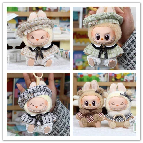 Für 15 cm süße Labubu V1 V2 Mini-Puppe, stilvolles Gitter, Retro-Umhang mit Baskenmütze, Set, Labubu-Kleidung, Outfit, Labubu-Ropa-Kleidung, Geschenk