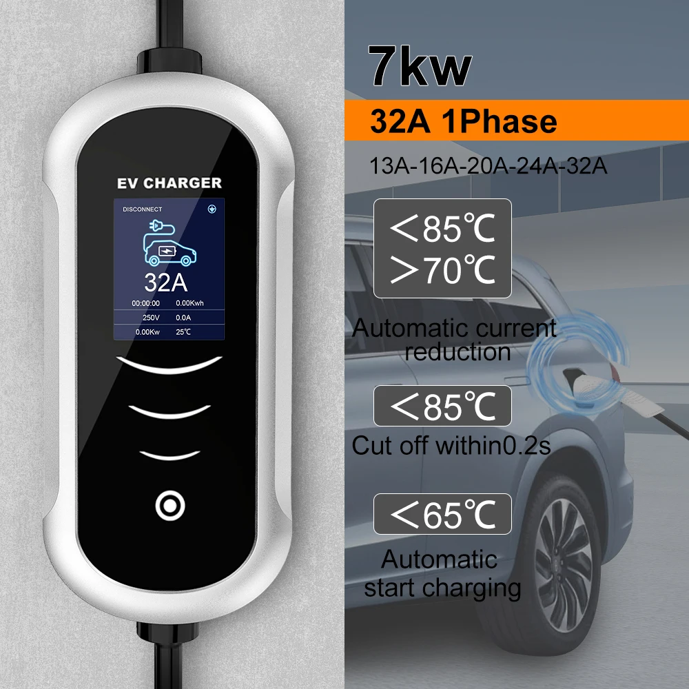 IPENGEN ポータブル EV 充電器ウォールボックス Type2 ケーブル 32A 7KW CEE プラグ EVSE Type1 充電ボックス j1772 アダプター電気自動車車用