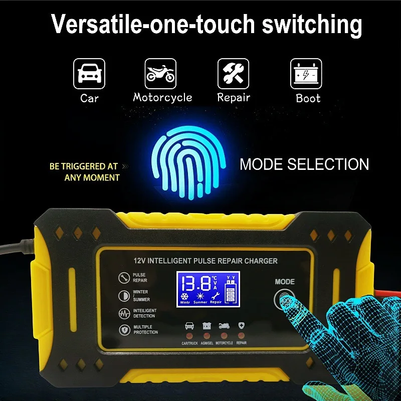 Automatyczna ładowarka akumulatorów samochodowych 12V 6A z cyfrowym wyświetlaczem LCD, ładowarka impulsowa 12AH do naprawy akumulatorów kwasowo-ołowiowych mokrych i suchej elektrolity.