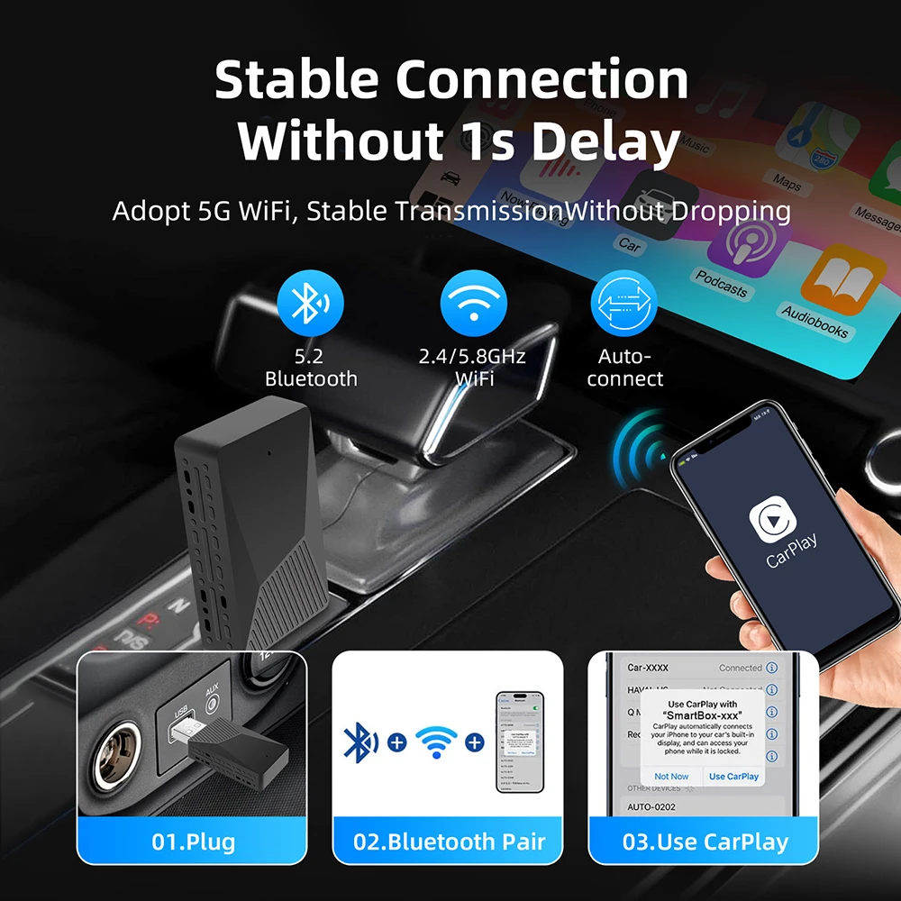 Mini adaptador 2 em 1 AI Box com fio para Carplay sem fio e Android Auto compatível com 99% de carros Plug and Play WiFi Smart Dongle