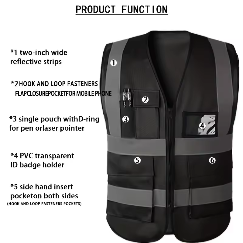 Hilo Chaleco reflectante negro Chaleco reflectante Chaleco de conducción de tráfico Mono Cremallera multibolsillo