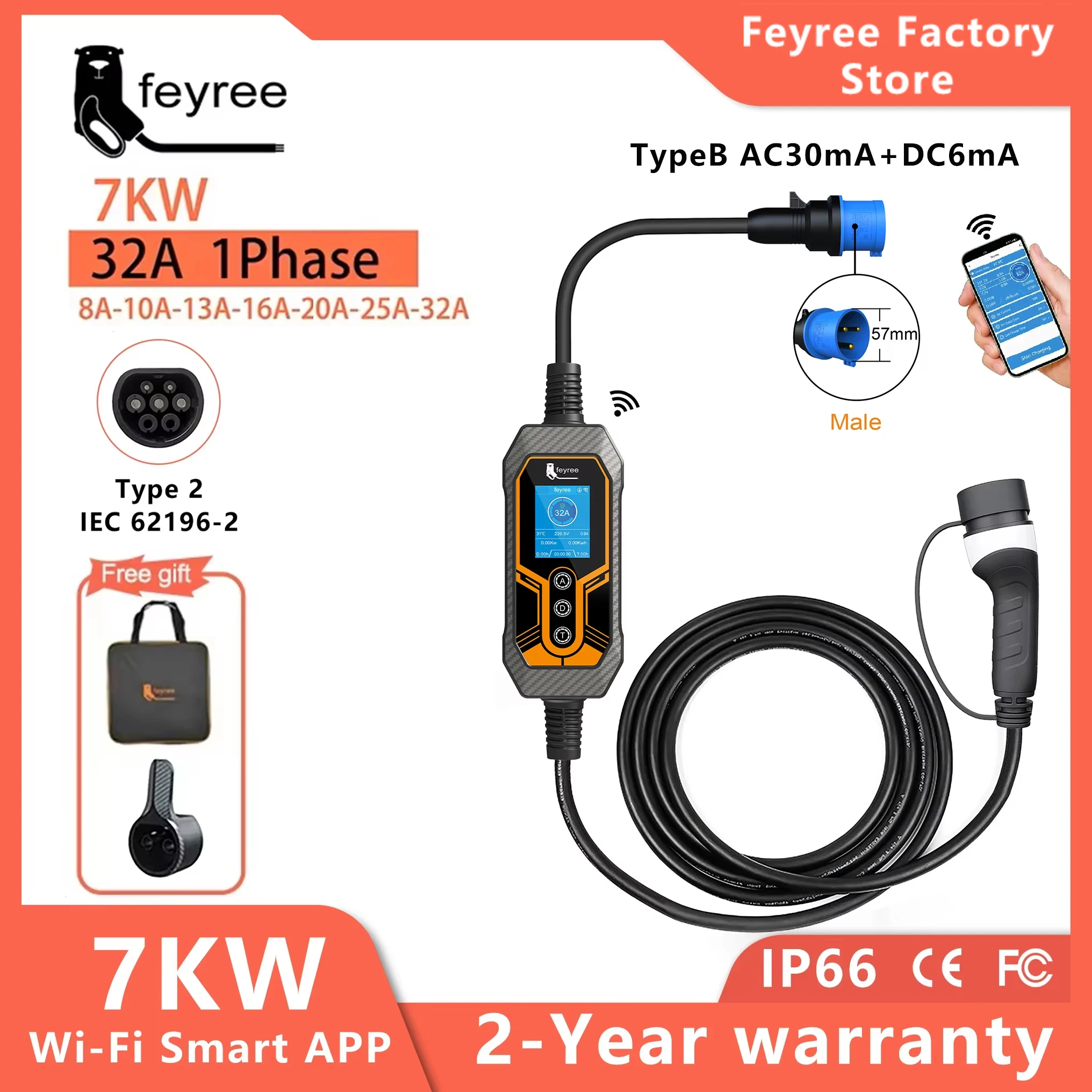 feyree Portable EV Charger Type2 32A 7KW EVSE Wi-Fi APP Control Adjustable Current Smart Timing Charging for Home & Outdoor Use
