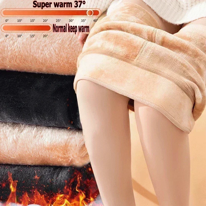 Mallas térmicas cálidas para mujer, pantimedias de lana de cintura alta con forro de calcetín Polar, medias de terciopelo con efecto de piel, Invierno