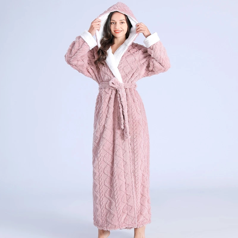 Lose Lange Dicke Bademantel Mit Kapuze Winter Dicke Frauen Bademantel Flanell Terry Warme Bequeme Nachtwäsche für Weibliche Morgenmantel
