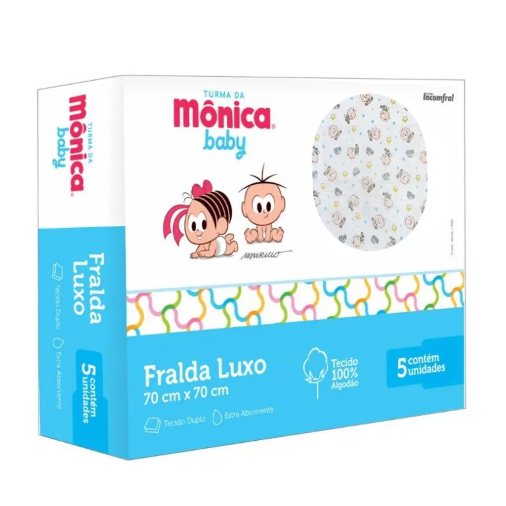 5 Fraldas De Pano Luxo Turma Da Mônica Baby Menino Bebê Azul Extra Absorção  Macia 100% Algodão