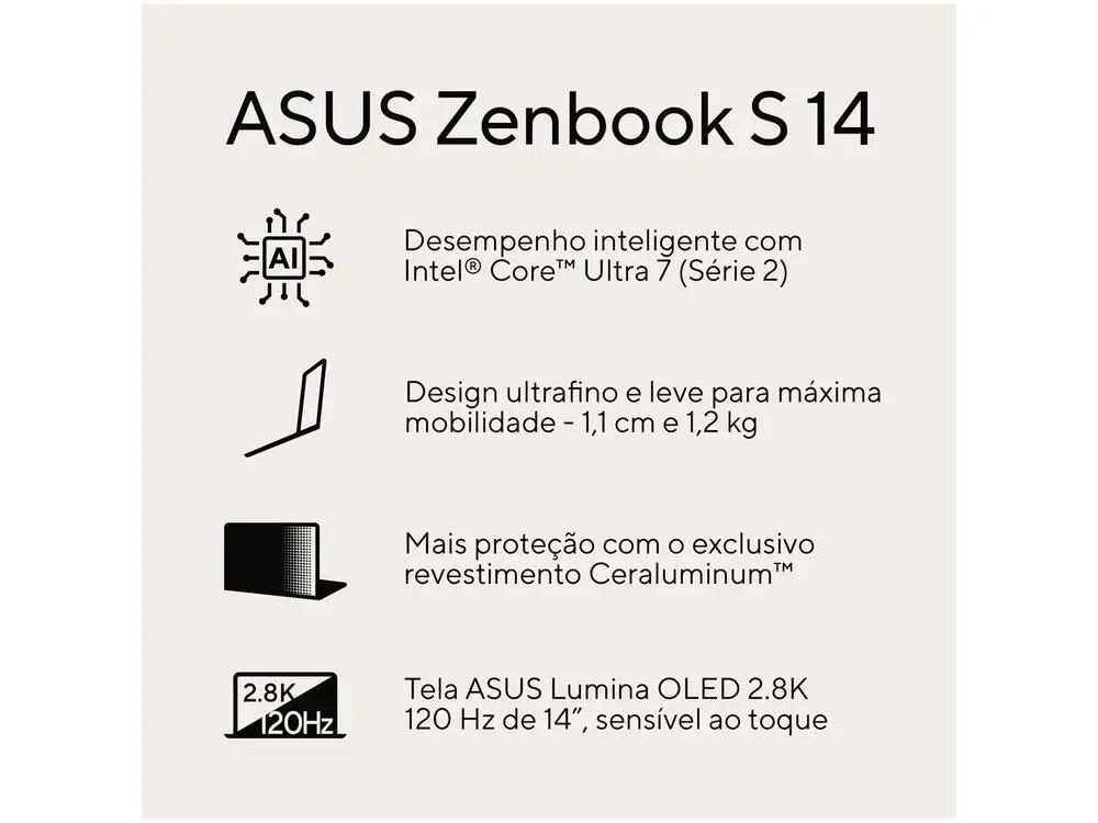 Notebook ASUS Zenbook S 14 Intel Core Ultra 7 32GB RAM 1TB SSD Touch Screen 14" Windows 11 Intel Arc Graphics UX5406SA-PZ172W