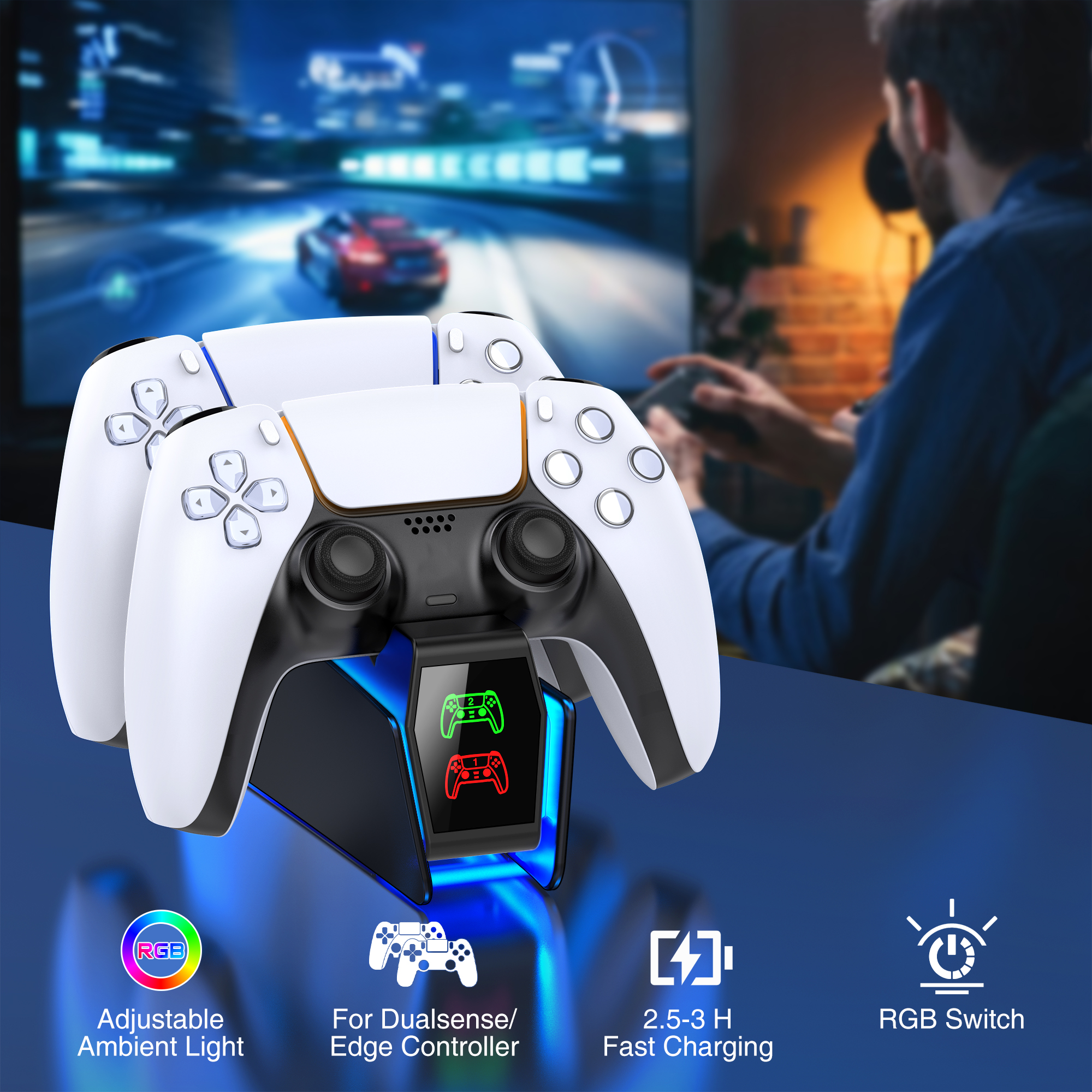 Fc301 para ps5 controlador carregador rgb estação de carregamento rápido para playstation5 controladores de jogo sem fio suporte de carregamento gamepad