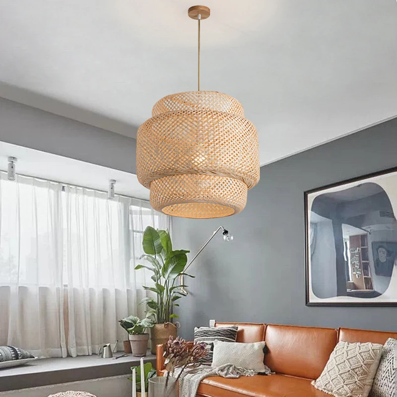 Lámpara colgante de bambú de estilo chino tejida a mano, lámpara colgante tejida, candelabros de restaurante, decoración del hogar, accesorio de iluminación AC85-260V