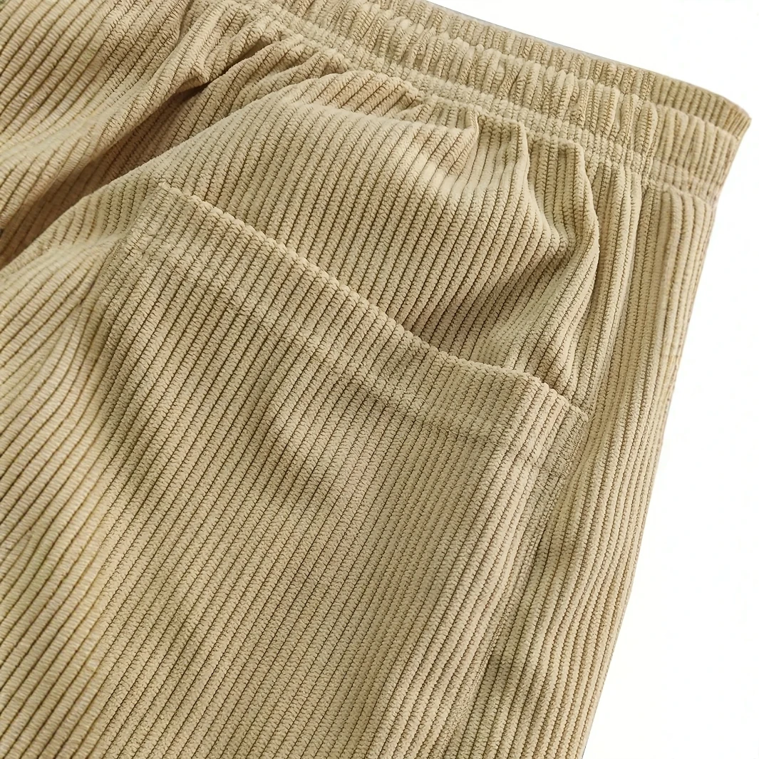 Calça masculina de veludo cotelê com perna reta com cordão na cintura, bolsos e design de logotipo – elástica, ajuste casual para uso diário, Spri