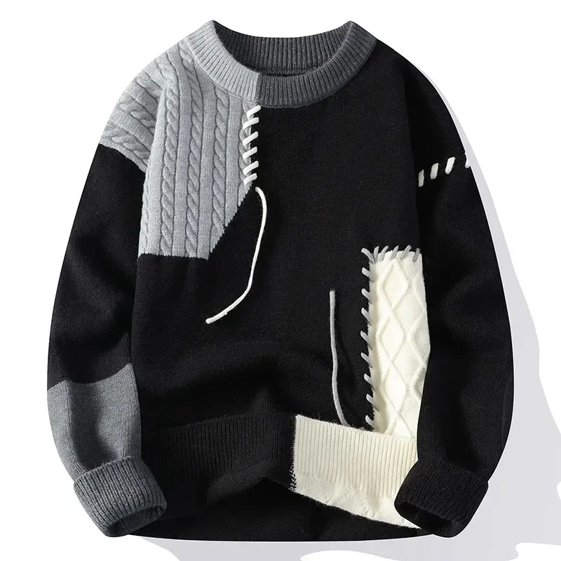 Herren-Strickpullover, Patchwork-Pullover, O-Ausschnitt, Pullover, gespleißt, Langarm-Pullover, leicht dehnbar, Standardwolle, 2024, lässig
