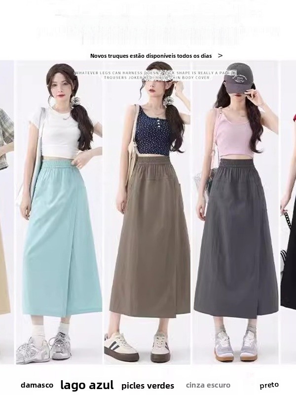 Calças Saia Casuais de Cintura Alta para Mulheres, Estilo Coreano, Largura Solta, Verão, Poliéster