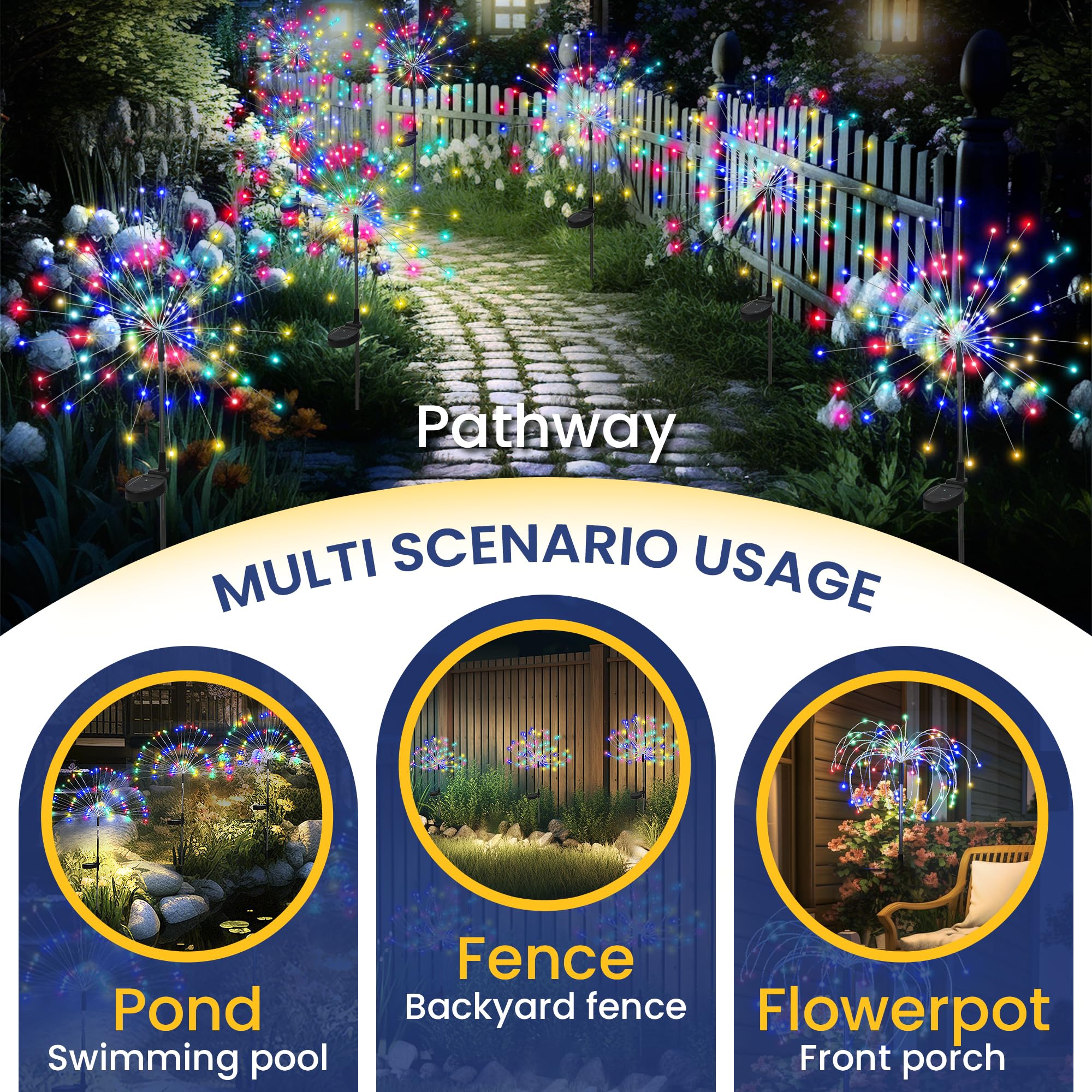 60/90/150/200 LED Solar Fireworks Lights Outdoor Decorative Multicolor Starburst Waterproof Lamps with 8 Modes for Garden Path