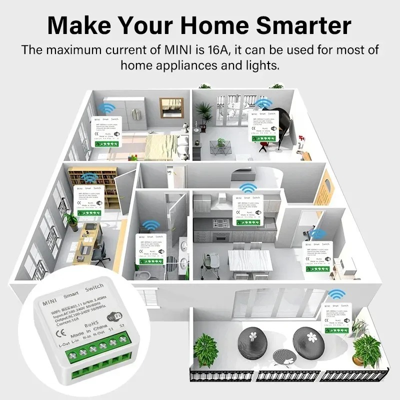 16A Wifi Smart Switch Smart Home Light Switches Module 2 Way Control Work with Tuya Smart Life Alexa Google Home Switch
