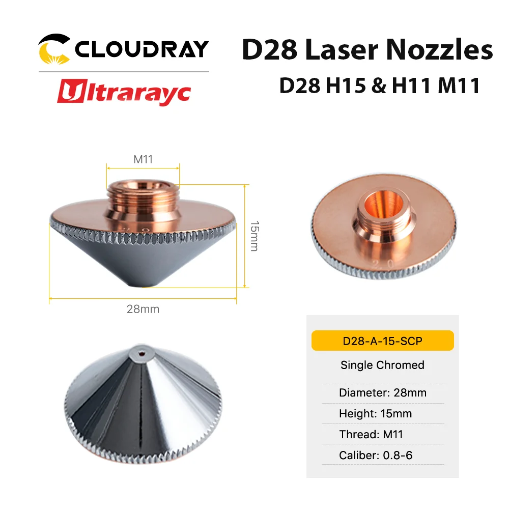 Ultrarayc Đầu Cắt Laser Vòi Phun Đơn Đôi Chrome Mạ Lớp D28 Cỡ Nòng 0.8-6.0Mm Cho Precitec WSX sợi Đầu Cắt