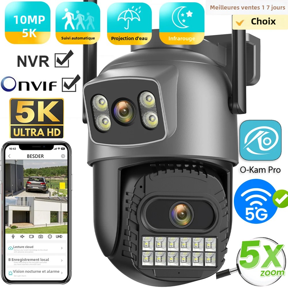 10MP 5K caméra IP Protection de sécurité Wifi PTZ double objectif 5G HD caméra de Surveillance extérieure détection humaine suivi vision nocturne