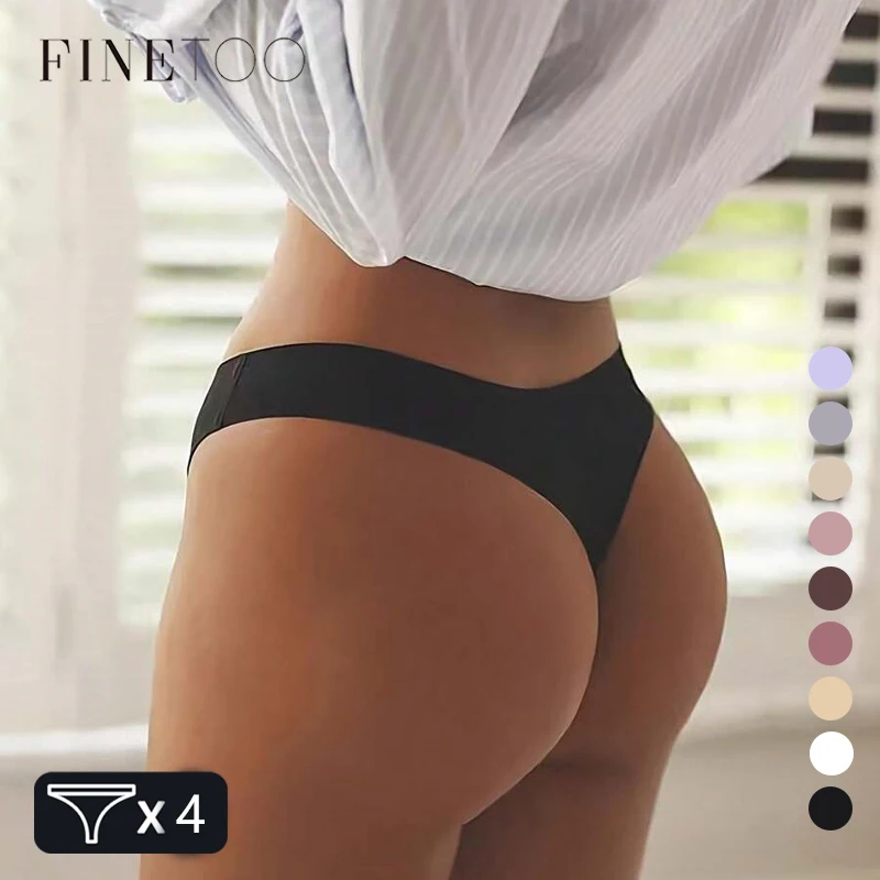 FINETOO 4PCS шелковый сатин бесшовные трусы низкой талией стринги сексуальные сплошной цвет бикини трусы женские стрейч интимное белье