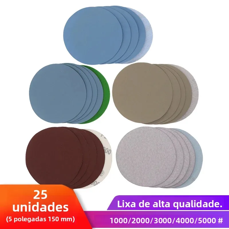 25 pçs 5 Polegada lixa seca & molhada discos de lixa redondos grão 1000/2000/3000/4000/5000 gancho loop polimento folhas de areia