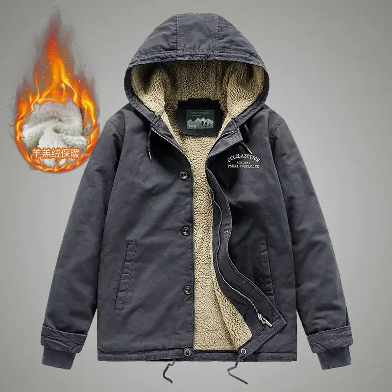 Herren Jacke Mit Kapuze Parkas Lamm Pelz Futter männer Winter Jacken Plüsch männer Kalten Jacke Verdickung Motorrad Jacke