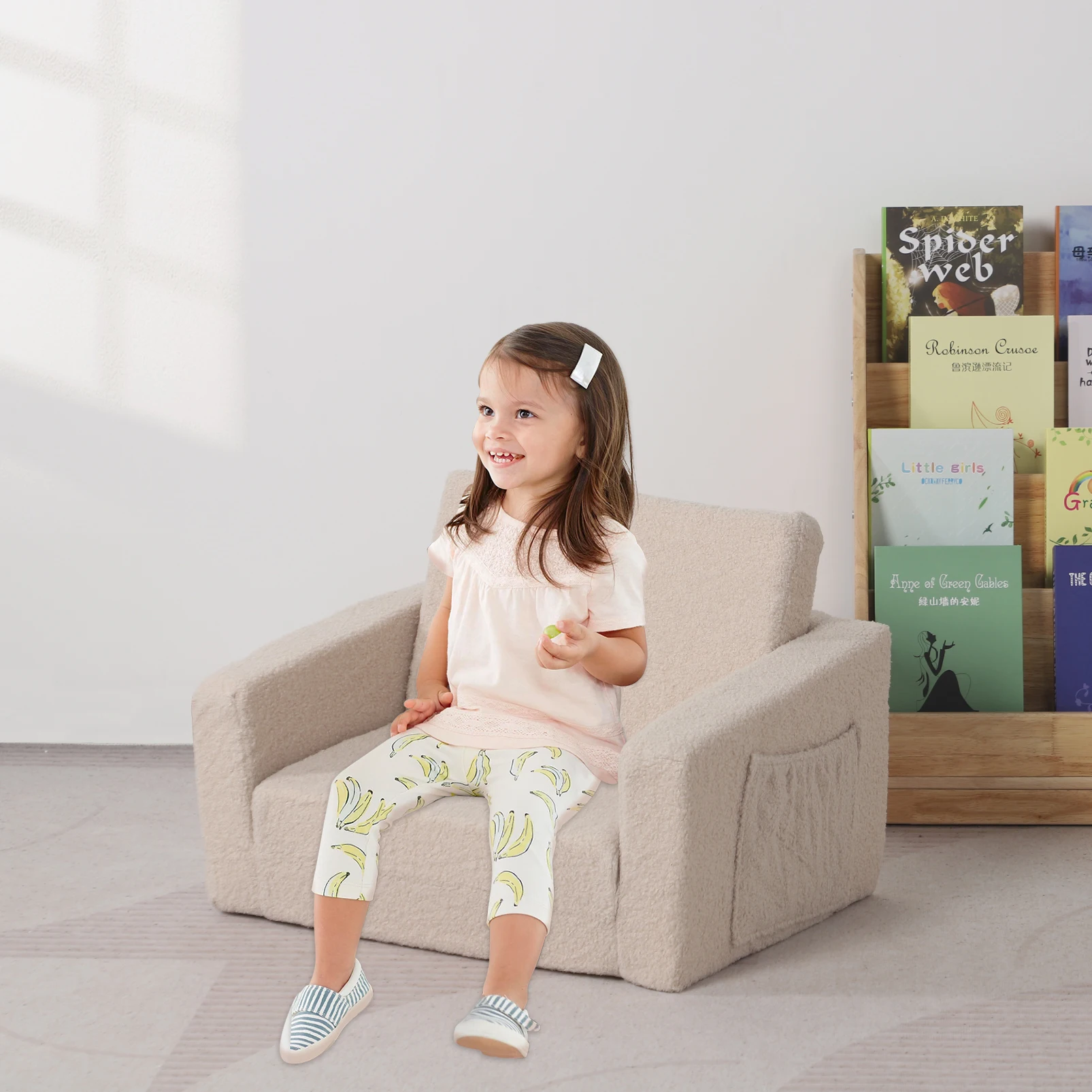 Sofá dobrável infantil, cadeira de descanso para assento infantil com capa sherp, espuma 2 em 1 sofá pequeno conversível para crianças pequenas