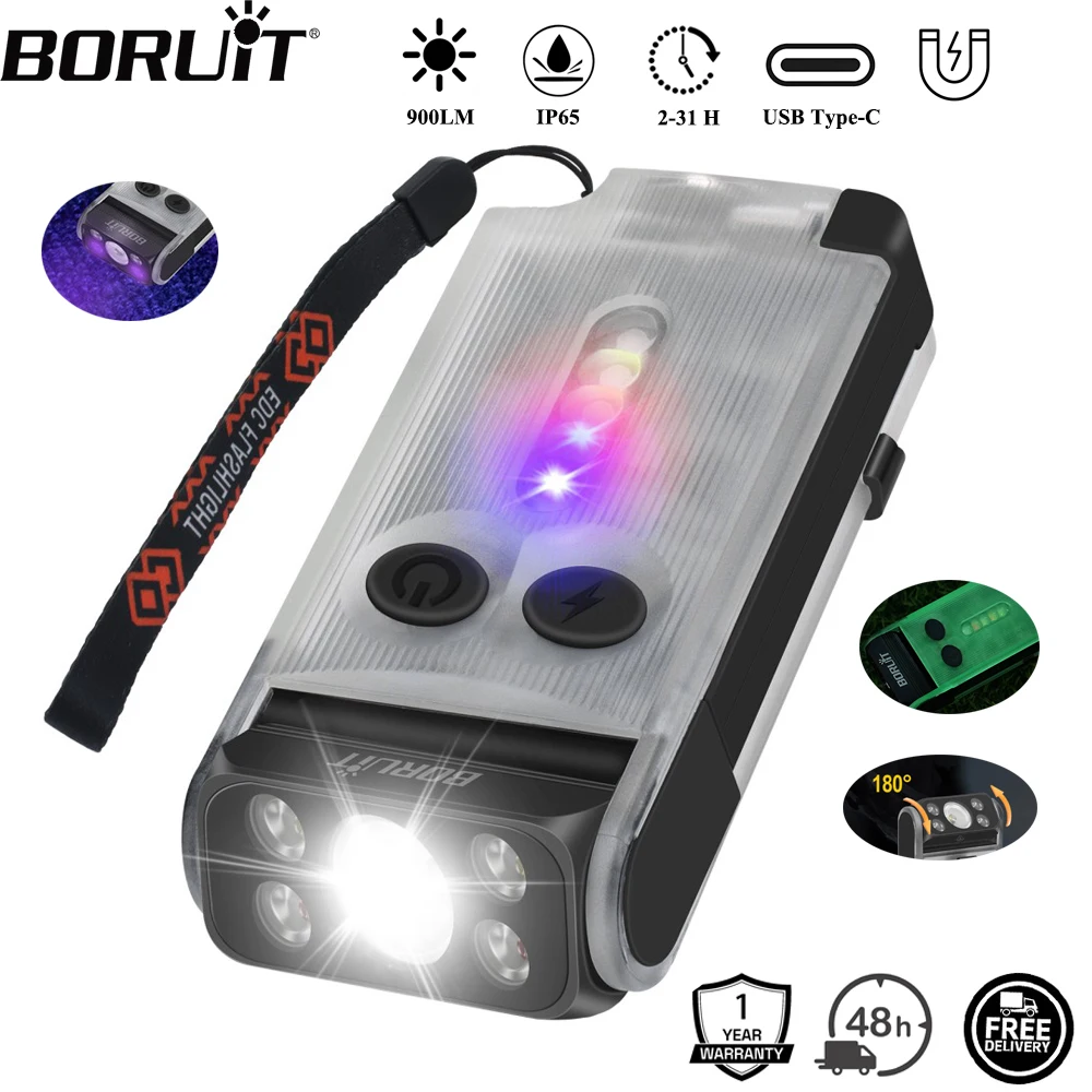 BORUiT V30 UV EDC linterna LED tipo C banco de energía recargable luz de trabajo antorcha con zumbador magnético linterna de bolsillo para acampar
