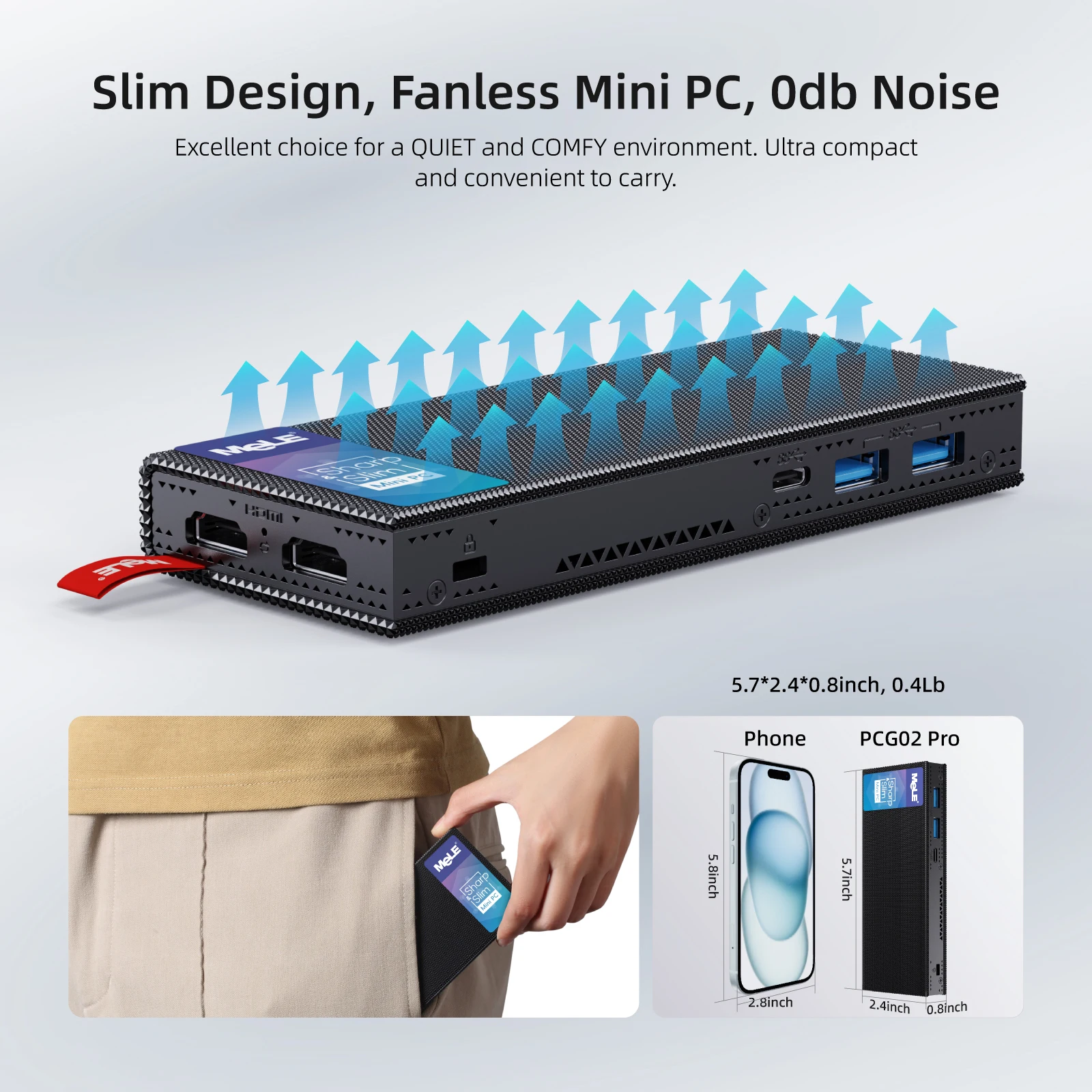 MeLE Fanless Mini PC Stick N100 8GB 128GB 256GB , Mini Computer Dual HDMI, WiFi5 Gigabit Ethernet, USB Type-C PD3.0 PCG02 Pro