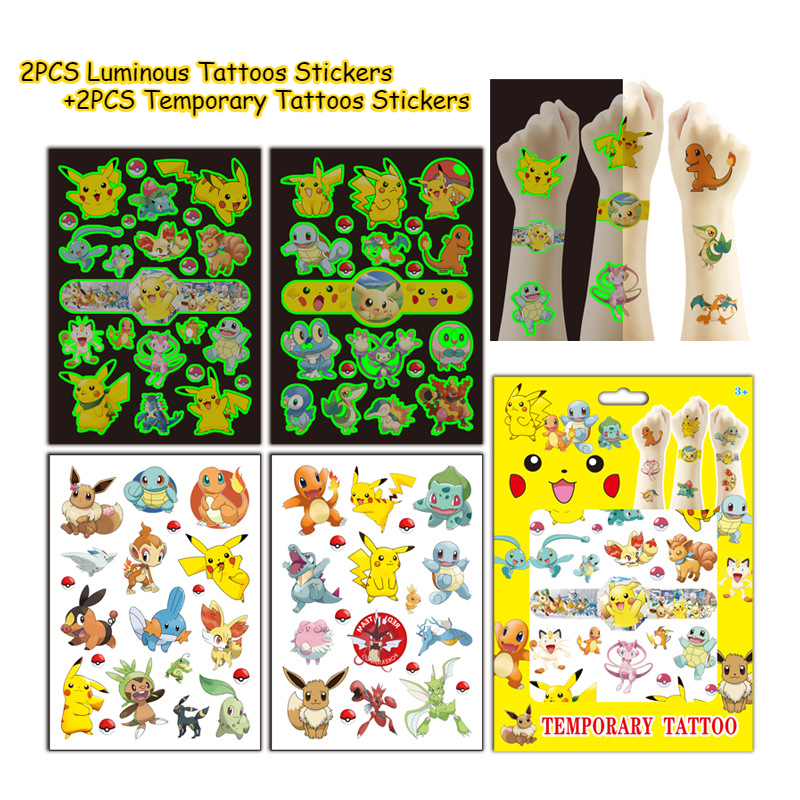 4 folhas pokemon tatuagens luminosas para crianças pikachu tatuagens temporárias adesivos meninos meninas brilho fontes de festa presentes para crianças
